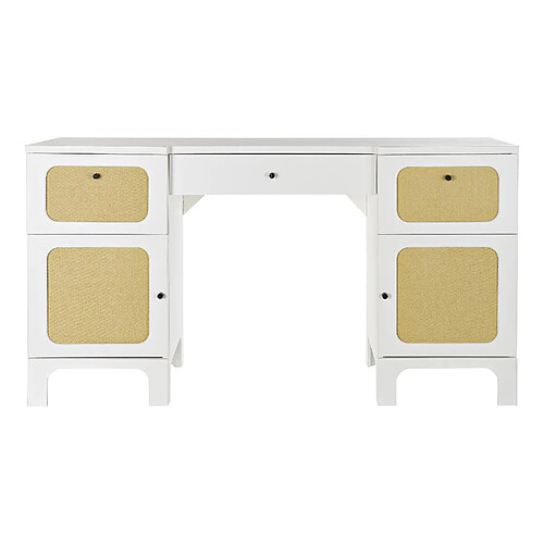 Pegane Bureau en rotin et épicéa coloris blanc - Longueur 140 x Hauteur 76 x Profondeur 50 cm