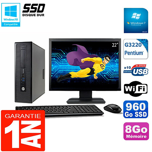 PC HP EliteDesk 800 G1 SFF Ecran 22" Intel G3220 8Go Disque 960 Go SSD Wifi W7 · Occasion