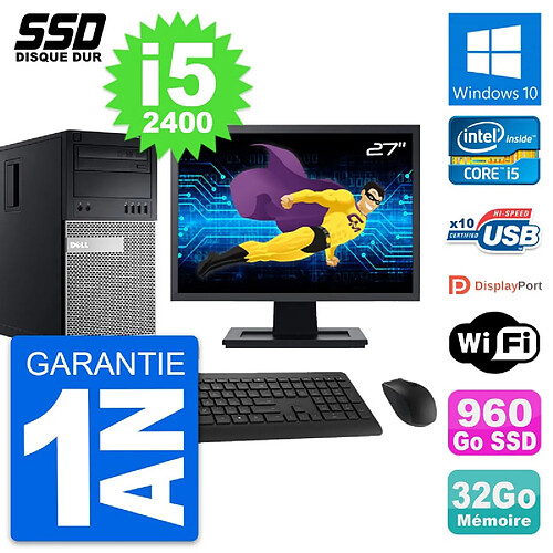 PC Tour Dell 990 Ecran 27" Intel Core i5-2400 RAM 32Go SSD 960Go Windows 10 Wifi · Occasion