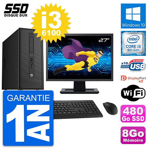 PC Tour HP EliteDesk 800 G2 Ecran 27" i3-6100 RAM 8Go SSD 480Go Windows 10 Wifi · Occasion