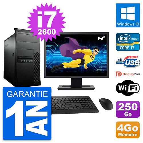 PC Tour Lenovo M91p Ecran 19" Intel i7-2600 RAM 4Go Disque 250Go Windows 10 Wifi · Occasion