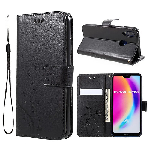 Etui en PU  noir papillon fleur pour Huawei P20 Lite