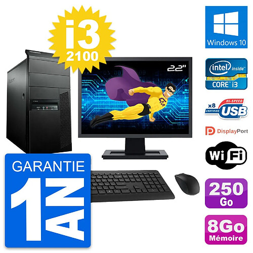 PC Tour Lenovo M91p Ecran 22" Core i3-2100 RAM 8Go Disque 250Go Windows 10 Wifi · Occasion