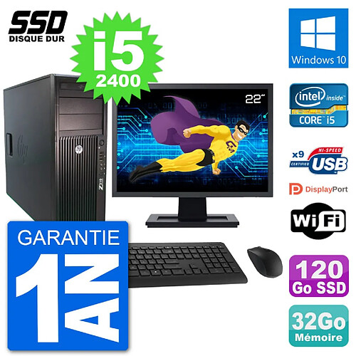 PC Tour HP Z210 Ecran 22" Intel i5-2400 RAM 32Go SSD 120Go Windows 10 Wifi · Occasion