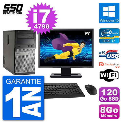 PC Tour Dell 7020 Ecran 19" Intel Core i7-4790 RAM 8Go SSD 120Go Windows 10 Wifi · Occasion