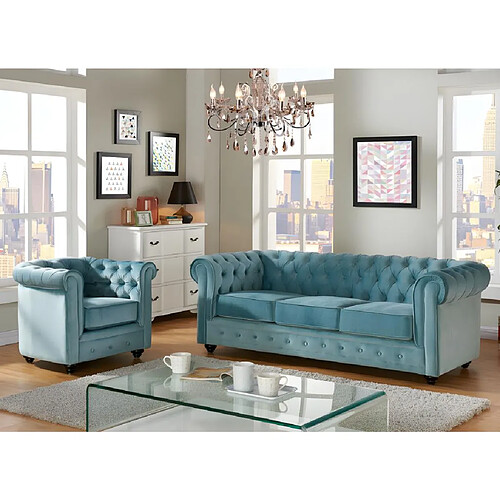 Vente-Unique Canapé 3 places et fauteuil CHESTERFIELD - Velours bleu pastel