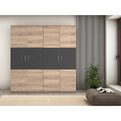 Pegane Armoire, meuble de rangement coloris Chêne cambrian/graphite - Longueur 200 x Profondeur 56 x Hauteur 206 cm