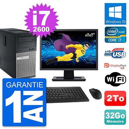 PC Tour Dell 9010 Ecran 22" Intel i7-2600 RAM 32Go Disque 2To Windows 10 Wifi · Occasion