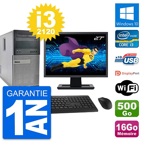 PC Tour Dell 990 Ecran 27" Intel i3-2120 RAM 16Go Disque 500Go Windows 10 Wifi · Occasion