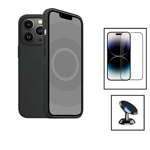 PHONECARE Kit Film Verre Trempé 5D Full Cover + Coque Silicone Liquide + Support Magnétique de Voiture pour Apple iPhone 15 Pro Max - Noir