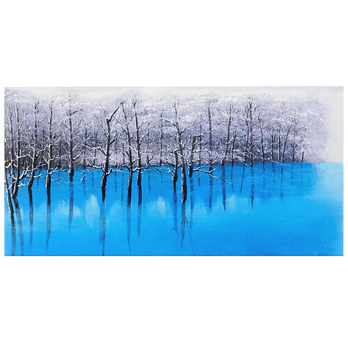 Mendler Tableau à l'huile, lac bleu, peint à la main à 100%, toile de décoration murale XL ~ 140x70cm