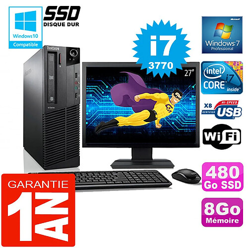 PC Lenovo M92p SFF Core I7-3770 Ram 8Go Disque 480 Go SSD Wifi W7 Ecran 27" · Occasion