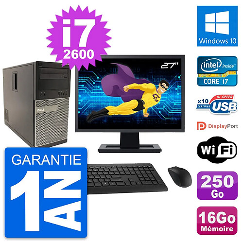 PC Tour Dell 790 MT Ecran 27" Core i7-2600 RAM 16Go Disque 250Go Windows 10 Wifi · Occasion