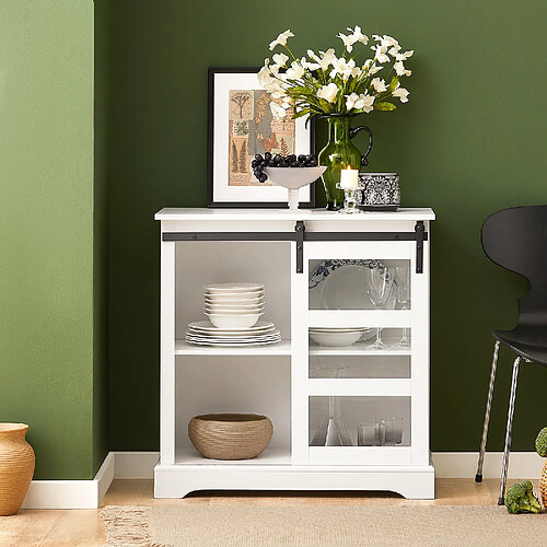 SoBuy FSB46-W Buffet Commode Armoire de Rangement Meuble de Rangement à 2 Niveaux avec Porte Vitrée de Grange Coulissante