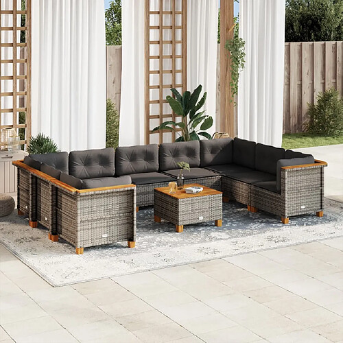 vidaXL Salon de jardin avec coussins 10 pcs gris résine tressée