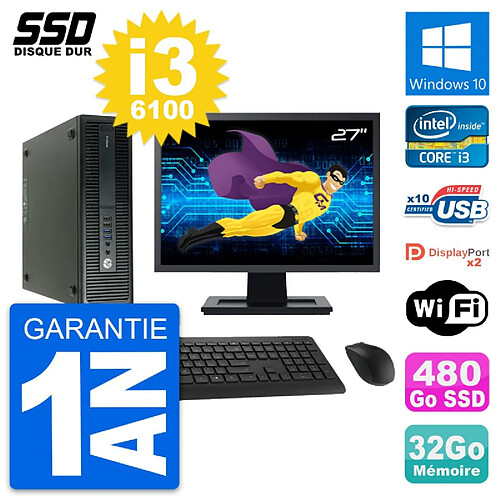 PC HP 600 G2 SFF Ecran 27" Intel Core i3-6100 RAM 32Go SSD 480Go Windows 10 Wifi · Occasion