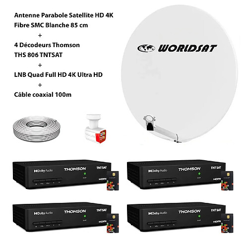 Kit Antenne Parabole Sat HD 4K Fibre SMC Blanche 85cm WORLDSAT + 4 Décodeurs Thomson THS 806 TNTSAT + LNB Quad 4K Ultra Full HD + Câble coaxial 100m