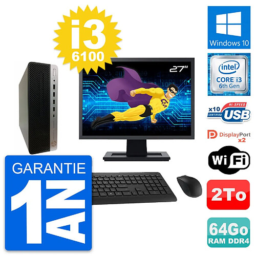 PC HP 600 G3 SFF Ecran 27" Intel i3-6100 RAM 64Go Disque Dur 2To Windows 10 Wifi · Occasion