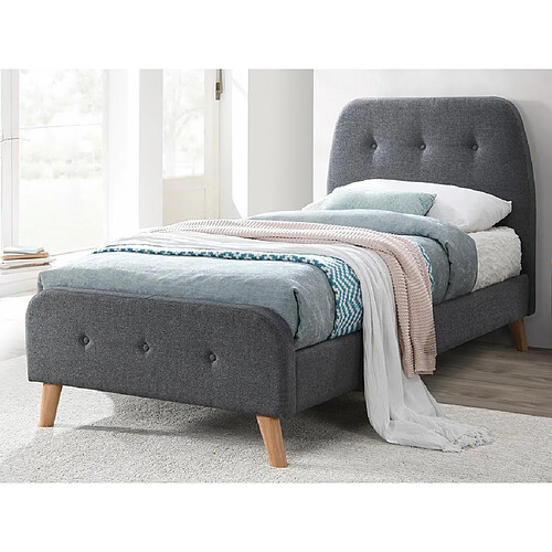 Vente-Unique Lit ROMEO tête de lit capitonnée - 90 x 190 cm - Tissu gris + matelas