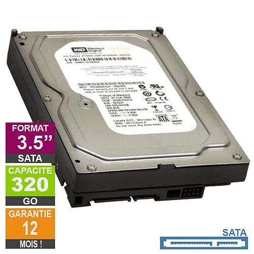 Disque Dur 320Go SATA 3.5 Western Digital WD3200AAJS-22B4A0 7200rpm 8Mo · Reconditionné