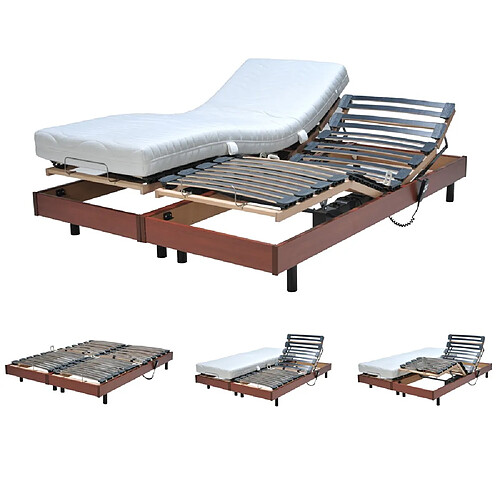 Le Quai Des Affaires Ensemble 2 sommiers relaxation électrique FLEXPUR 80x200 + 2 matelas mémoire de forme / Merisier