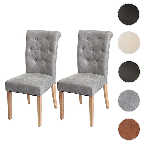 Mendler Lot de 2 chaises de salle à manger Chesterfield II rivets ~ tissu/textile gris clair, pieds clairs