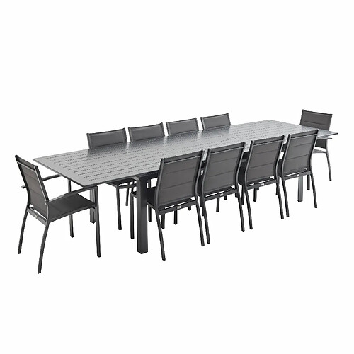 Salon de jardin table extensible - Odenton Anthracite - Grande table en aluminium 235/335cm et 10 assises en textilène | sweeek