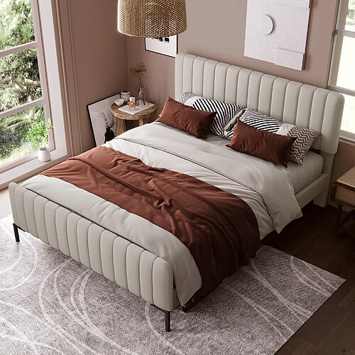 KOMHTOM Lit Double Rembourré - 160 X 200 cm - Sommier À Lattes - Tête Réglable - Lissu En Lin - Gris Et Beige - Matelas Inclus