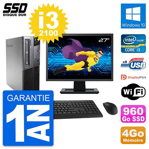 PC Lenovo M81 SFF Ecran 27" Intel Core i3-2100 RAM 4Go SSD 960Go Windows 10 Wifi · Occasion