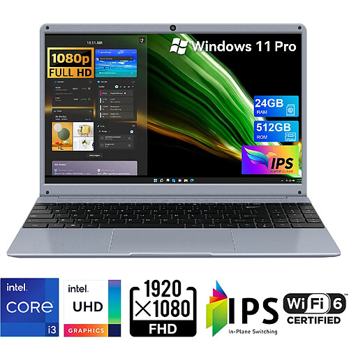 VANWIN Ordinateur Portable 15.6'' 24Go RAM 512Go SSD Intel Core i3-5005U(jusqu'à 3,4 GHz) Pc Portable 1920 x 1080 FHD+, 5000mAh 2.4G/5G WiFi Ouverture d'angle à 135°-Gris