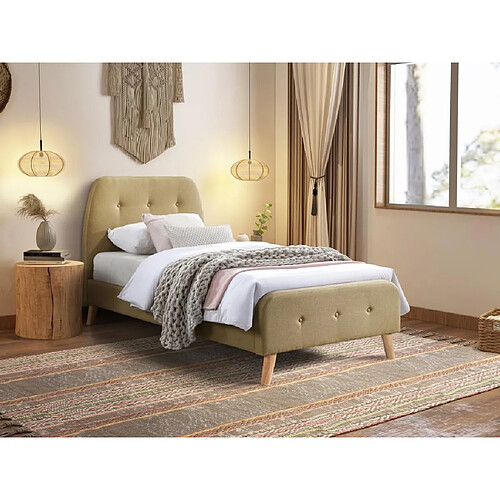 Vente-Unique Lit 90 x 190 cm avec tête de lit capitonnée - Tissu - Beige - ROMEO