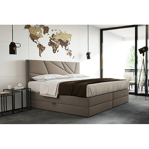 TRADA Lit adulte rembourré VERDE LUX 200x200 avec rangement et matelas ressorts ensachés en beige