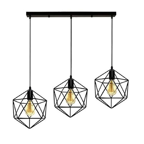 Stoex Suspension Industriel forme Diamant 25cm Contemporain Barre 3 lampes Métal Lustre abat-jour luminaire E27 Noir