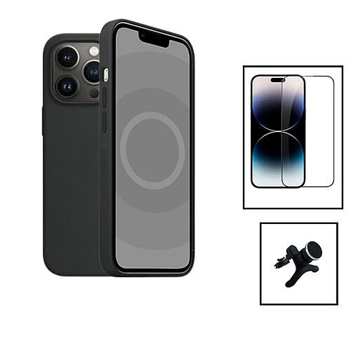 PHONECARE Kit Film Verre Trempé 5D Full Cover + Coque Silicone Liquide + Support Magnétique de Voiture Renforcé pour Apple iPhone 15 - Noir