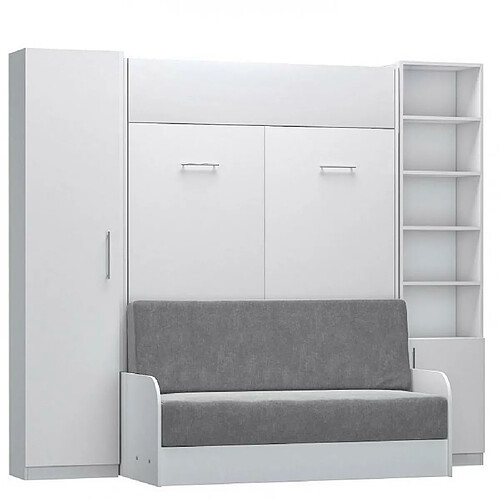 Inside 75 Composition lit escamotable blanc mat DYNAMO SOFA canapé accoudoirs blanc mat et gris colonne armoire + bibliothèque 140*200