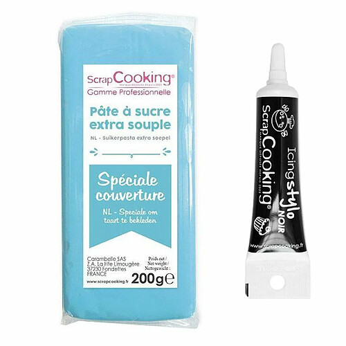 Scrapcooking Pâte à sucre de couverture bleu 200 g + Stylo de glaçage noir