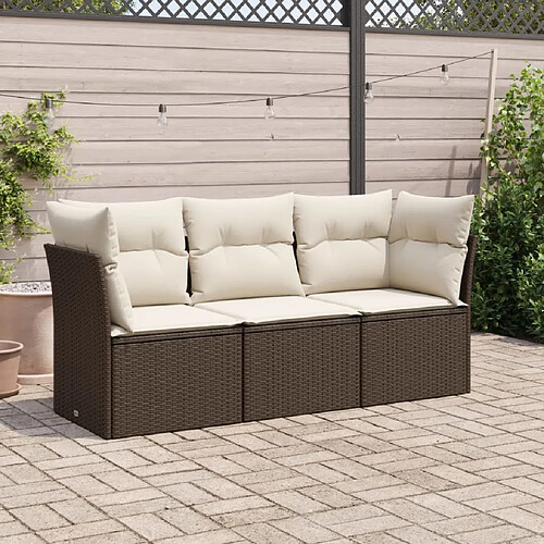 vidaXL Salon de jardin avec coussins 3 pcs marron résine tressée