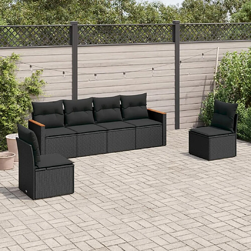 vidaXL Salon de jardin 6 pcs avec coussins noir résine tressée