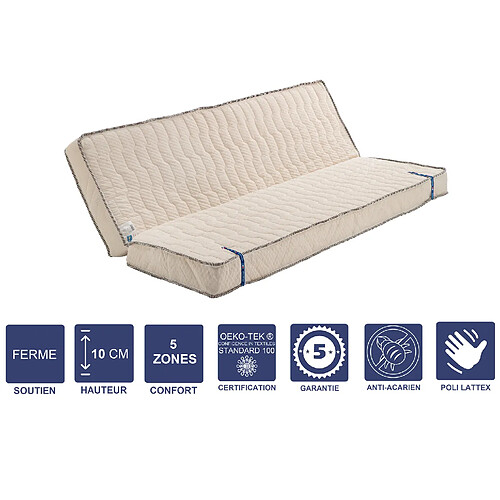 Provence Literie Matelas Ferme Pour tous Clic Clac 130x190 x 10 cm + Latex Naturel sur Face Hiver - Dim Assise 60 cm - 5 zones de Confort - Face été et Ame Poli Lattex Haute Résilience - Hypoallergénique