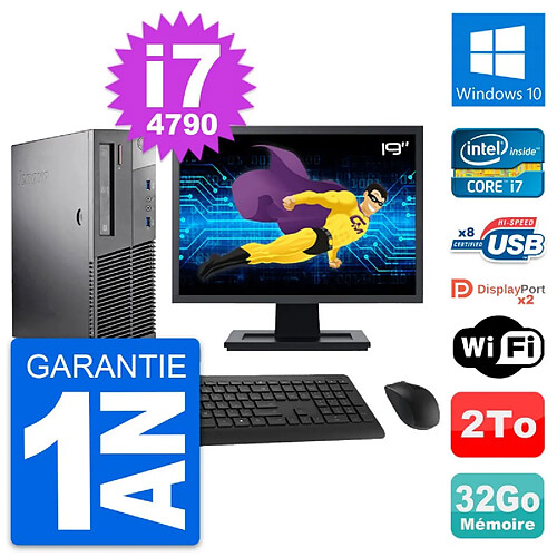 PC Lenovo M93p SFF Ecran 19" Intel i7-4790 RAM 32Go Disque 2To Windows 10 Wifi