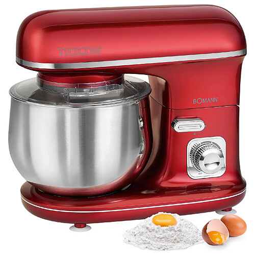 Robot Pâtissier Boulangerie Cuisine Ménager Multifonction Bol Inox 5L, 1100, Rouge, Bomann, KM 6010 CB