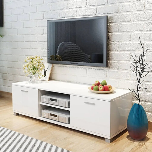 Maison Chic Meuble TV scandinave à haute - Banc TV pour salon brillance blanc 140x40,5x35 cm -MN58869