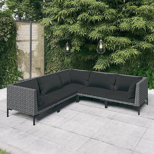 vidaXL Salon de jardin 5 pcs avec coussins Résine tressée Gris foncé