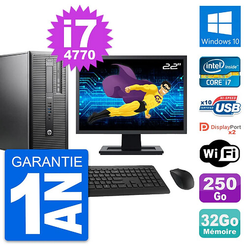 PC Tour HP 600 G1 Ecran 22" Intel i7-4770 RAM 32Go Disque 250Go Windows 10 Wifi · Occasion