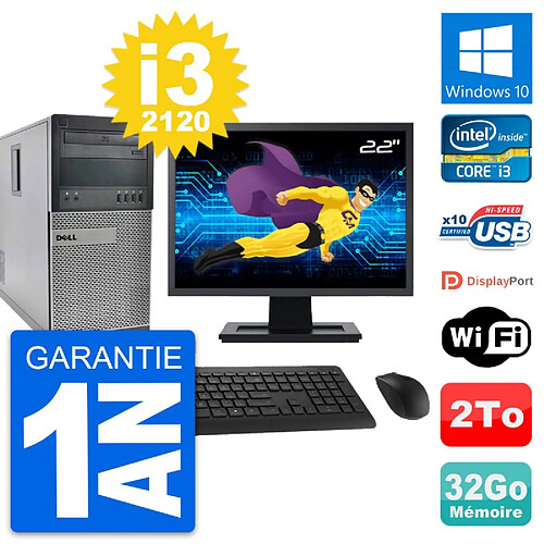 PC Tour Dell 990 Ecran 22" Intel i3-2120 RAM 32Go Disque Dur 2To Windows 10 Wifi · Occasion