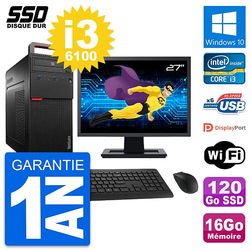 PC Tour Lenovo M700 Ecran 27" Intel i3-6100 RAM 16Go SSD 120Go Windows 10 Wifi · Occasion