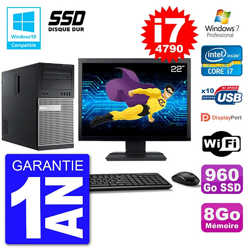 PC Tour DELL 9020 Ecran 22" Core i7-4790 RAM 8Go SSD 960Go Graveur DVD Wifi W7 · Occasion