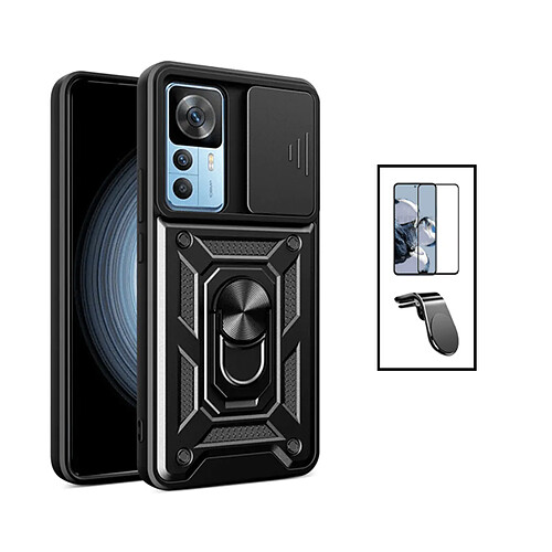 PHONECARE Kit Film Verre Trempé 5D Full Cover + Coque Magnetic Military Defender Slide Window Anti-Impact + Support Magnétique L Safe Driving Voiture pour Xiaomi 12T Pro - Noir