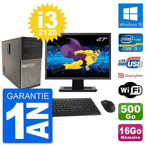 PC Tour Dell 790 MT Ecran 27" Core i3-2120 RAM 16Go Disque 500Go Windows 10 Wifi · Occasion