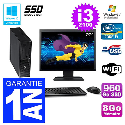 PC Fujitsu Esprimo E500 E85+ DT Ecran 22" i3-2100 RAM 8Go SSD 960Go DVD Wifi W7 · Occasion